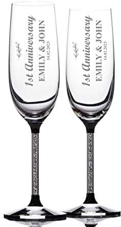 ukgiftstoreonline Personalised 1st Anniversary Pair of Crystal Filled Champagne Flutes