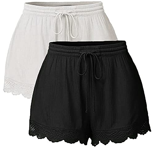 Blingko Femme Lot of 2PC Short Ete Ourlet Froncé en Dentelle Court Short Ete éLéGant Et Chic Short Pantalons Court Taille Haute Yoga Sport Pants Pas Cher Shorts De Plage avce Cordon