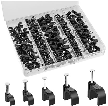 Bates- Cable Clips with Steel Nails, 360 pcs, Black, 4mm 5mm 6mm 8mm 10mm, Cord Clips for Wires on Wall, Cable Wall Clip, Wire Wall Clips, Cable Wire Clips, Coaxial Cable Clips, Cord Wall Clip