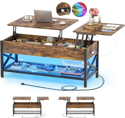 Aheaplus Coffee Table with LED Light and Power Outlet, Modern Lift-Top Center Table with Storage Shelf, for Living Room with Lift Tabletop, X Support Metal Frame, Rustic Brown