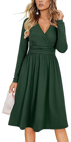 OUGES Herbstkleid Damen Grün V-Ausschnitt Langarm Elegante Kleider Damen Midi Kleid Mit Taschen, M