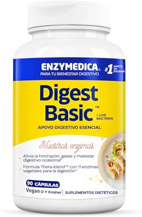 Enzymedica, Digest Basic + Live Bacteria, Fórmula Enzimática, Reduce los Gases y la Hinchazón, Mejora la Absorción de Nutrientes y la Energía, Sin gluten, Sin lácteos, 90 Cápsulas