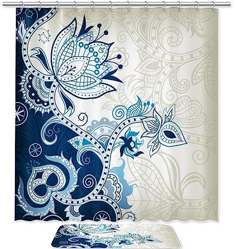 KQNZT Badezimmer-Sets mit Duschvorhang und Teppich, Accessoires, Dekor-Badematte und 12 Haken,Marineblau Vintages ethnisches Paisley mit Blumen