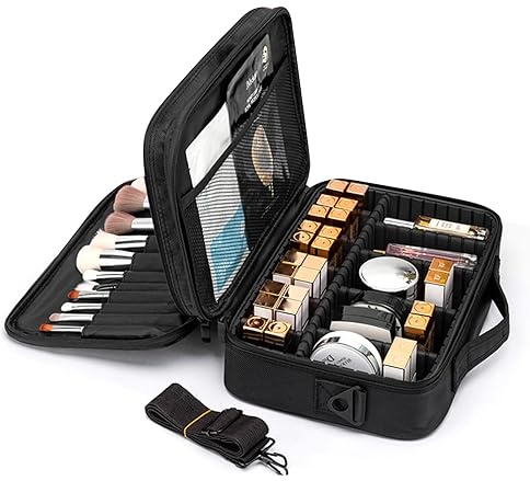 Bolsa de Neceser Maquillaje Profesional Grande, Tela Oxford Organizador de Maquillaje, Mujer Maletin Maquillaje de Viaje con Gran Capacidad y Diseño Divisible, con Bandolera y 2 Capas, Negro
