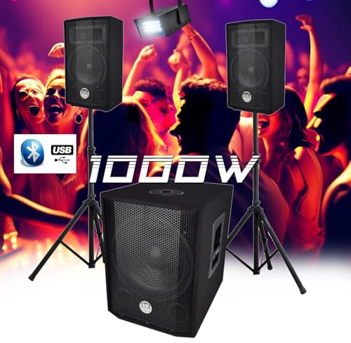 Sistema trifonico BMS 1208, subwoofer biamplificato 1000W - USB Bluetooth, cavi, piedi - Mini Strobe
