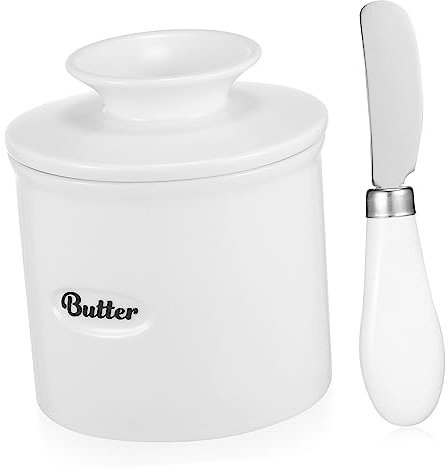 MAGICLULU Tarro De Mantequilla De Blanco Con Tapa Mantequera De Porcelana Para Cocina Incluye Cuchillo De Acero Inoxidable Para Cortar Mantequilla Encimera