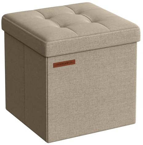 SONGMICS Aufbewahrungshocker, klein, faltbar, 30 x 30 cm, würfelförmiger Fußhocker mit Aufbewahrung, belastbar bis 130 kg, für Wohnzimmer, Schlafzimmer, Schlafsaal, Kamelbraun LSF028K01 | Würfelförmiger Fußhocker mit Aufbewahrung, klein, hellbraun, MINOTA Kollektion LSF028K01