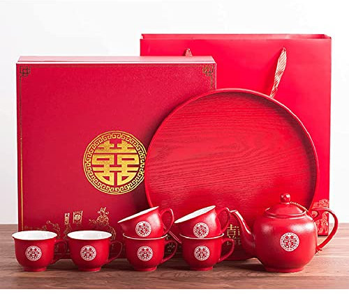 HSHTTKL Upgraded Chinese Wedding Tea Set Red Ceramic Teacup Set Gift Box Dowry Gift For New Couple Home Reasonable Design And Overall Beauty Tea Cup