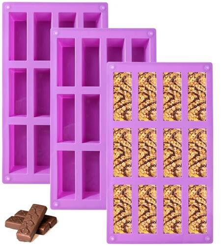 Surflyee 3PCS Silicone Granola Bar Mould - 12 Cavity Rectangle for Chocolate, Energy Cereal, Protein Candy, and Fudge Bars
