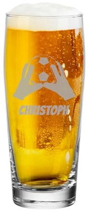 LUXENTU Bierglas mit Gravur, Willi Becher mit 0,5 Liter Eichung, Personalisierte Lasergravur mit Name, Geschenk für Fußball-Fans, Torwarthandschuhe