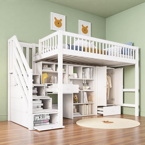 Lit superposé Enfant 90x200 avec casiers Armoire,lit Mezzanine avec Bureau et escalier,lit Enfant avec Barriere,superposé 2 Places,Bois Massif + MDF,Blanc