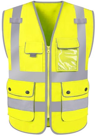 HYCOPROT Sicherheitswesten Warnweste Hohe Sichtbarkeit Sicherheit Reflektierendes Weste Executive Manager Workwear Jacke Zip Band Brace Handytasche Ausweishalter (M, Gelb)