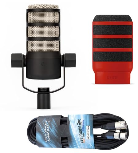 Rode Podmic professionelles Podcast-Mikrofon + WS14R Deluxe Popschutz Rot + keepdrum XLR-Kabel