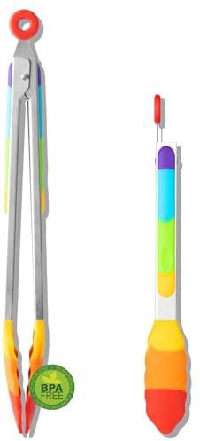 OYV Rainbow Silicone Tongs for Cooking, Heat Resistant Kitchen Tongs for Salad, Grilling, Cooking, 304 Stainless Steel Locking and BPA Free Silicone Tips Set of 2, 9 and 12 Inch