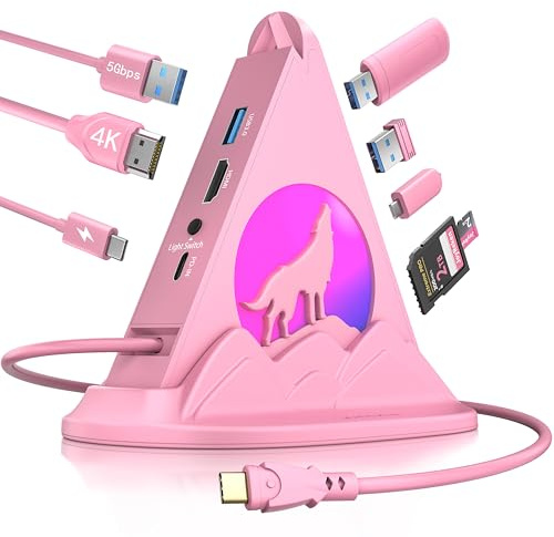 JoyReken Hub USB C, adaptateur multiport 8 en 1 de type C rose avec HDMI 4K @ 60 Hz, 100 W PD, 5 Gbit/s 1 port USB-C, 3 ports USB-A 3.0, emplacements SD/TF et éclairage RVB, concentrateur USB rose