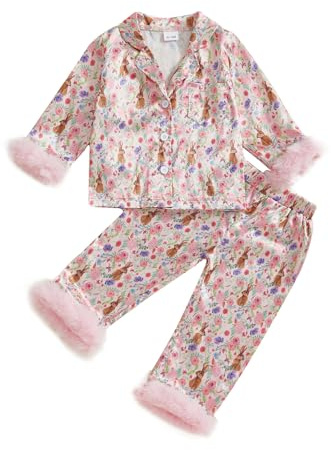 Vioyavo Kids Girls Pajamas Set Rabbit Flower Print Furry Patchwork Long Sleeve Tops Pants Furry Easter Sleepwear (Pink, 2-3 Years)