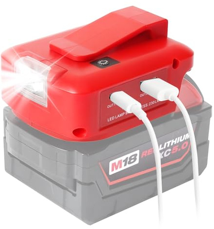 QUPERR USB Battery Adapter for Milwaukee M18 18V Battery LED Converter | Power Source Adapter with a pair of USB Phone Charger interface, with DC Port Cordless Flashlight（Adapter Only）