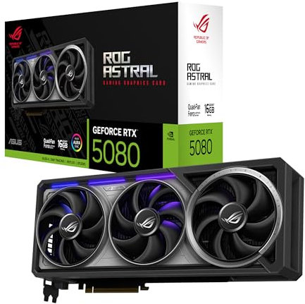 ASUS ROG Astral GeForce RTX 5080 16GB GDDR7 Gaming Grafikkarte (Nvidia GeForce RTX5080, Vier Lüfter, 3.8-Slot-Design, PCIe 5.0, 2X HDMI 2.1b, 3X DisplayPort 2.1a, ROG-ASTRAL-RTX5080-16G-GAMING)