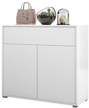 Mirjan24 Kommode Gesita 2D1SZ mit 2 Türen und 1 Schublade (Weiß) | Grifflose Mehrzweckkommode mit Push-to-open-System, geräumigen Fächern und Rollenführung, B/H/T: 100/93/40 cm