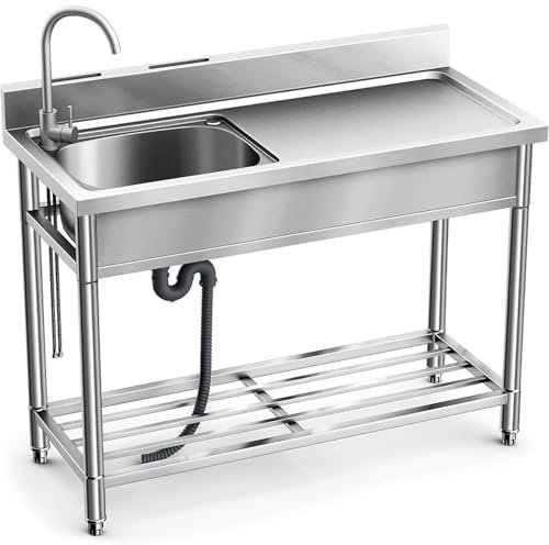 Gewerbliche Spülbecken,Freistehende Edelstahl Spültisch,Mobiles Outdoor Küche Spüle Gastro,für Außen,Innen,Küche,Restaurant,Bar,mit Wasserhahn mit Kalt und Warmwasserschläuchen(32inch(80cm))