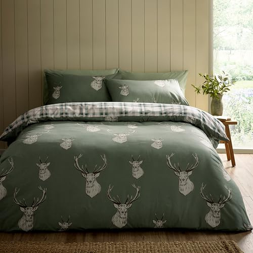 Catherine Lansfield Set copripiumino reversibile king size con federe, motivo cervo a quadri, verde chiaro