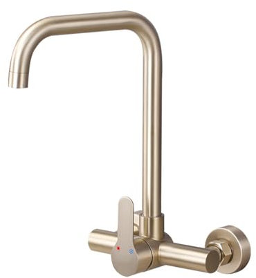 Rubinetto Cucina a Muro Acciaio Inossidabile Oro Spazzolato Rotante Impugnatura Singola Acqua Fredda e Calda-Oro Spazzolato