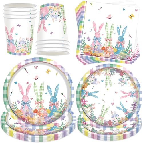 50 Stück Partygeschirr Set,Ostern Bunte Partygeschirr,Oster Tischdekorationen,Geburtstag Party Geschirr Set,Partyzubehör Pappteller Set,Mit Teller Becher Servietten,Party Geschirr für 10 Gäste