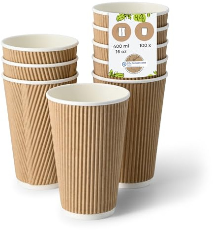 BIOZOYG Riffelbecher 100 Stück 400 ml / 8 oz, 80 mm, braun, innen weiß - Becher für Heißgetränke - Kaffeebecher to go aus Pappe - Einwegbecher, Alternative zu Styroporbecher