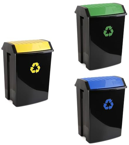 Tatay Cubos de Basura Reciclaje con Tapa Basculante 50L | 3 Unidades: Plástico, Cartón y Vidrio | Interior y Exterior | Acabado Anti UV | Para Bolsas 30L a 50L | Plástico Resistente sin BPA