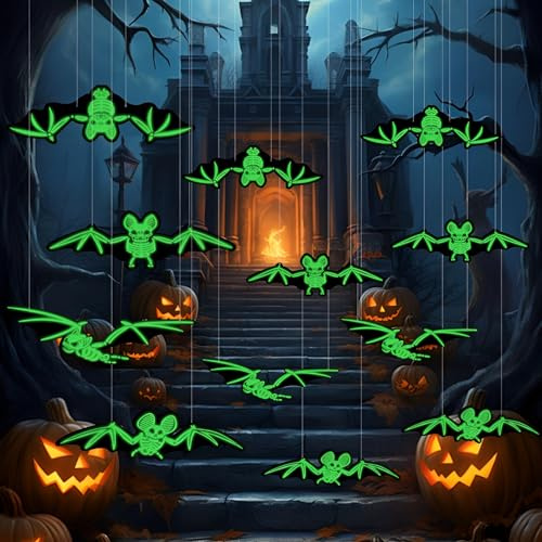 12er Fledermaus Deko Mit Schnur & Klebepunkten Für Halloween Deko | Halloween Deko Fledermaus Set. Halloween Deko Outdoor & Innen. Grusel-Design, Pvc-Material, Perfekte Grusel-Atmosphäre