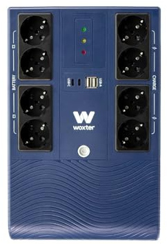 Woxter Multibase UPS 800VA/480W - Sistema de Alimentación Ininterrumpida, 8 Tomas Schuko, 4 Puertos USB, Azul