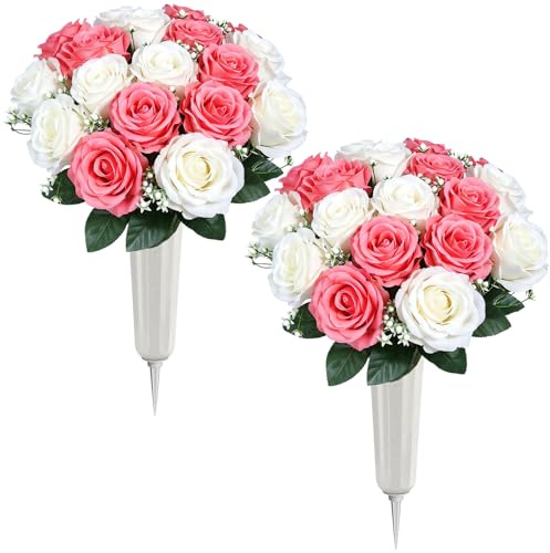 Lewondr Artificial Cemetery Flowers with Vase, 2 Sets Outdoor Grave Decorations UV Resistant Silk Roses Bouquet Graveyard Memorial Flowers for Cemetery Headstones Decoration, White Pink