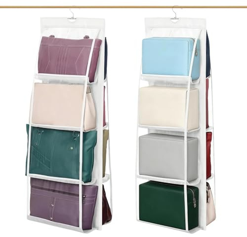 HUANR 2 Stück Handtaschen Aufbewahrung, 8 Fächer Taschenaufbewahrung | Hängend Handtaschen Aufbewahrung, Weiß Taschen Organizer Schrank, Klappbar, für Kleiderschrank, Schlafzimmer, Wohnzimmer