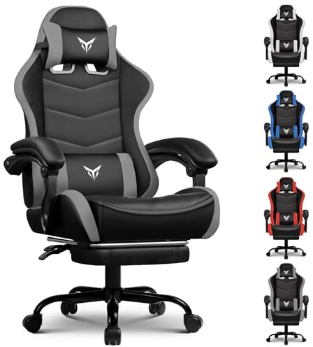 GTPLAYER Gaming Stuhl Bürostuhl Ergonomischer, Gaming Chair mit Fußstütze, verstellbare Kopfstütze und Lendenwirbelstütze, Gaming Sessel, Grau