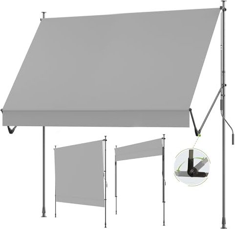 BelleMax Klemmmarkise ohne Bohren mit Handkurbel, 2026 Upgrade 2-in-1-Balkonmarkise mit Faltbarem Seitenarm, UV-Schutz & Sonnenschutz, Wasserdicht Höhenverstellbar Grau 250 cm x (125 + 25 cm)