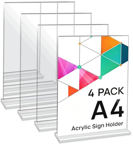 TJYAEKLTD 4 Stück T-Ständer Aufsteller Doppelseitiger Vertikaler Menükartenhalter, Tischaufsteller A4 Preisschilder Aufsteller Tischständer Acryl T-Ständer für Hochzeit, Restaurant, Büro, Cafe