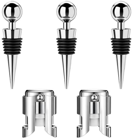 5 Pcs Wine Bottle Stoppers, Stainless Steel Wine Stopper, Reusable Champagne Stopper, Vacuum Bottle Stopper for Wine, Champagne, Beer Collection, Silver