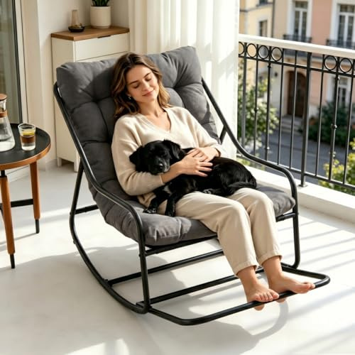 LIFEISLE Schaukelstuhl Loungesessel ohne Armlehnen, Lesenstuhl Relaxstuhl mit Metalrahmen, Stuhl drinnen & draußen für Wohnzimmer Balkon Garten, Spun Grau