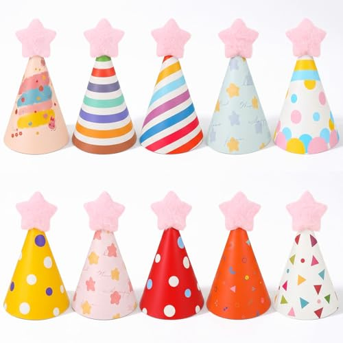 RAHHLIZS 10 Stück Klein Partyhüte für Hunde Katzen Kaninchen | Kuscheltiere Geburtstagspartys Verstellbarer Kegelhut mit Verstellbarem Riemen Dog Cat Happy Birthday Hat