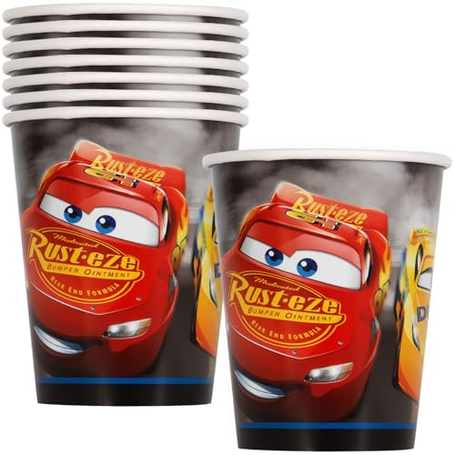 Disney Cars 3 Movie Paper Cups - 9oz (Pack of 8) - Vibrant, Colorful & Sturdy - Perfect for Themed Birthday Parties & Movie Nights