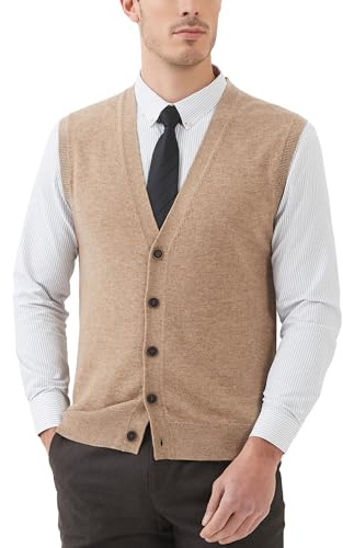 Kallspin Men's Cashmere WoolKnitted Gilets V Neck Sweater Vest Sleeveless Cardigan with Button (Coffee, M)