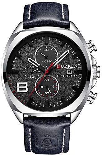 Orologio da uomo con cinturino in pelle, classico, casual, in acciaio inox, impermeabile, cronografo con data, orologio analogico al quarzo (argento/nero), Argento/nero., Sportivo