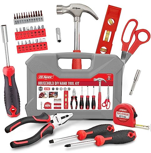 Hi-Spec Hand Tool Kit Set for Home & Office 42 Piece Red - Essential DIY Tools for Repairs and Maintenance with Plastic Tool Box Storage, New Home Essentials