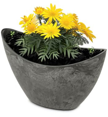 Vaso ovale per piante da esterno in 20 cm – Ciotola decorativa alta vintage in antracite nero come vaso per fiori – Jardiniere per giardino, balcone o cimitero come gioiello per tomba