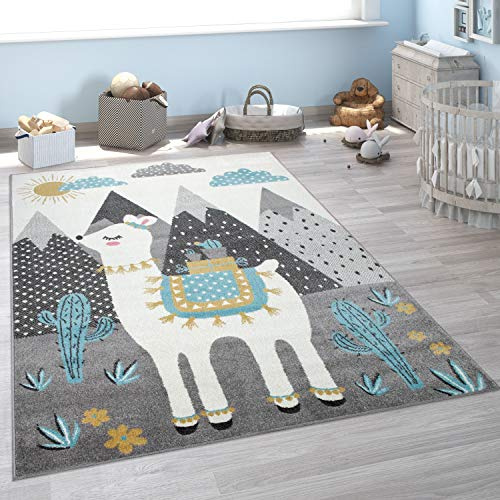 Paco Home Kinderteppich, Teppich Kinderzimmer Lama Berge Kinder-Motiv, Grau Türkis Gelb, Grösse:120x160 cm
