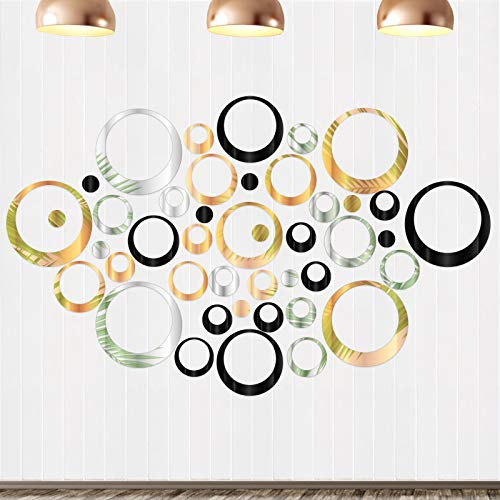 Spiegelkreis-Aufkleber, 72 Stück, rund, zur Dekoration von Schlafzimmern, Wohnzimmern, Büros und Wandstickern, Spiegel-Effekt, 3D-Wandsticker (schwarz, gold und silber)