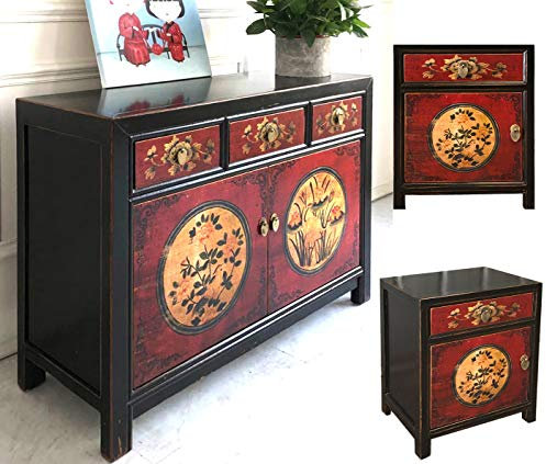 OPIUM OUTLET Schlafzimmer Kombination chinesische Kommode mit 2 Nachtkästchen Sideboard Schrank Nachtkommode Shabby Chic Stil asiatisch orientalisch (RedMagic-3)