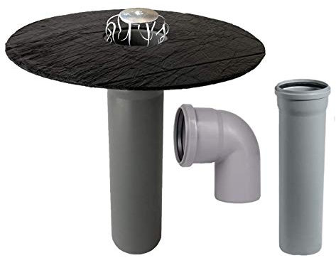 Scarico per tetto piatto DN 70, con attacco per fogliame a scelta con arco e tubo HT, flangia bitume, grondaia, scarico del tetto, DN 75 (arco 87° + tubo HT-150 mm)