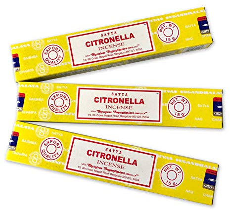 Satya Incenso Aromatico Citronella, Bastoncini di Incenso Naturale, 3 Scatole da 15 g, Antimosche