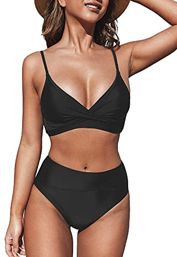 CUPSHE Womens Swimwear Bikini Sets Two Piece Swimsuit High Waisted V Neck Twist Front Adjustable Spaghetti Straps Bathing Suit, Large, Black
